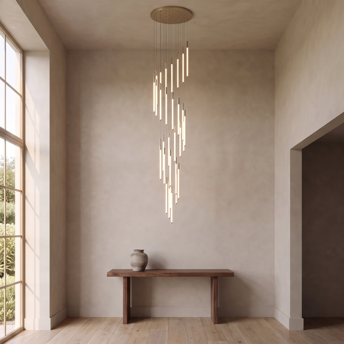 Cascading LED tube chandelier in silver with 32 lights