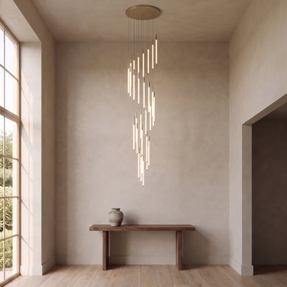 Cascading LED tube chandelier in silver with 32 lights