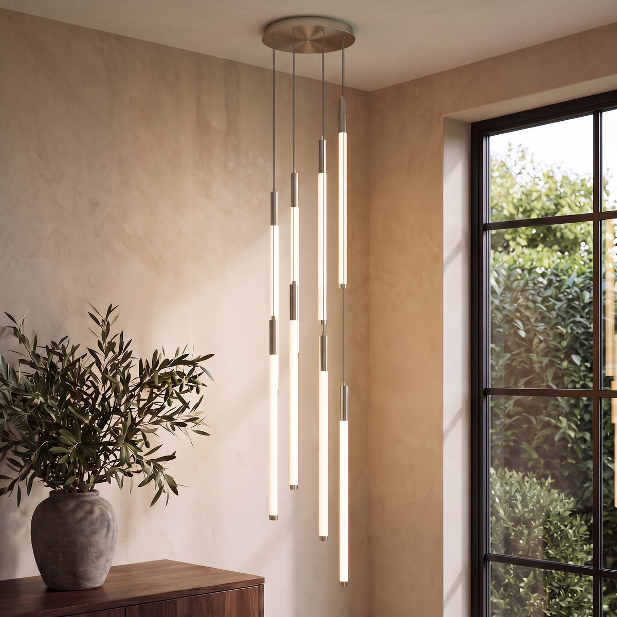 Cascading LED tube chandelier in silver with 8 lights