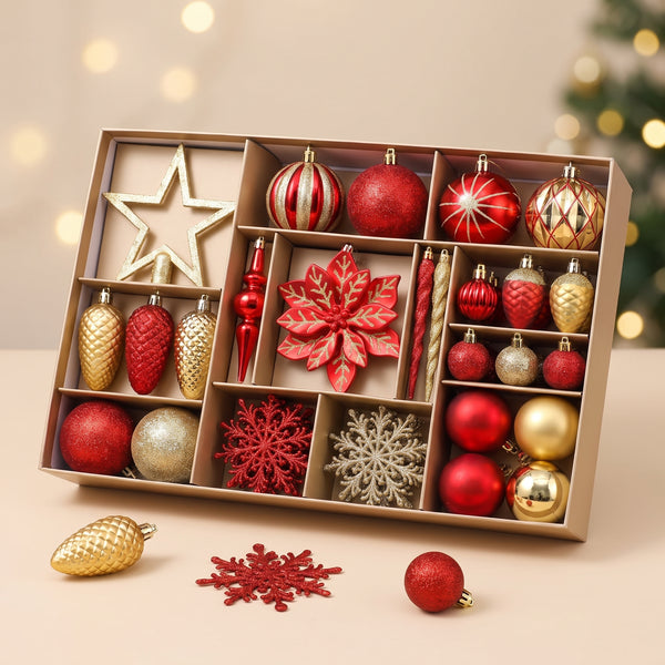 Christmas Tree Decorations, 106-Piece Shatterproof Ball Ornaments Set with Hooks, Red and Gold