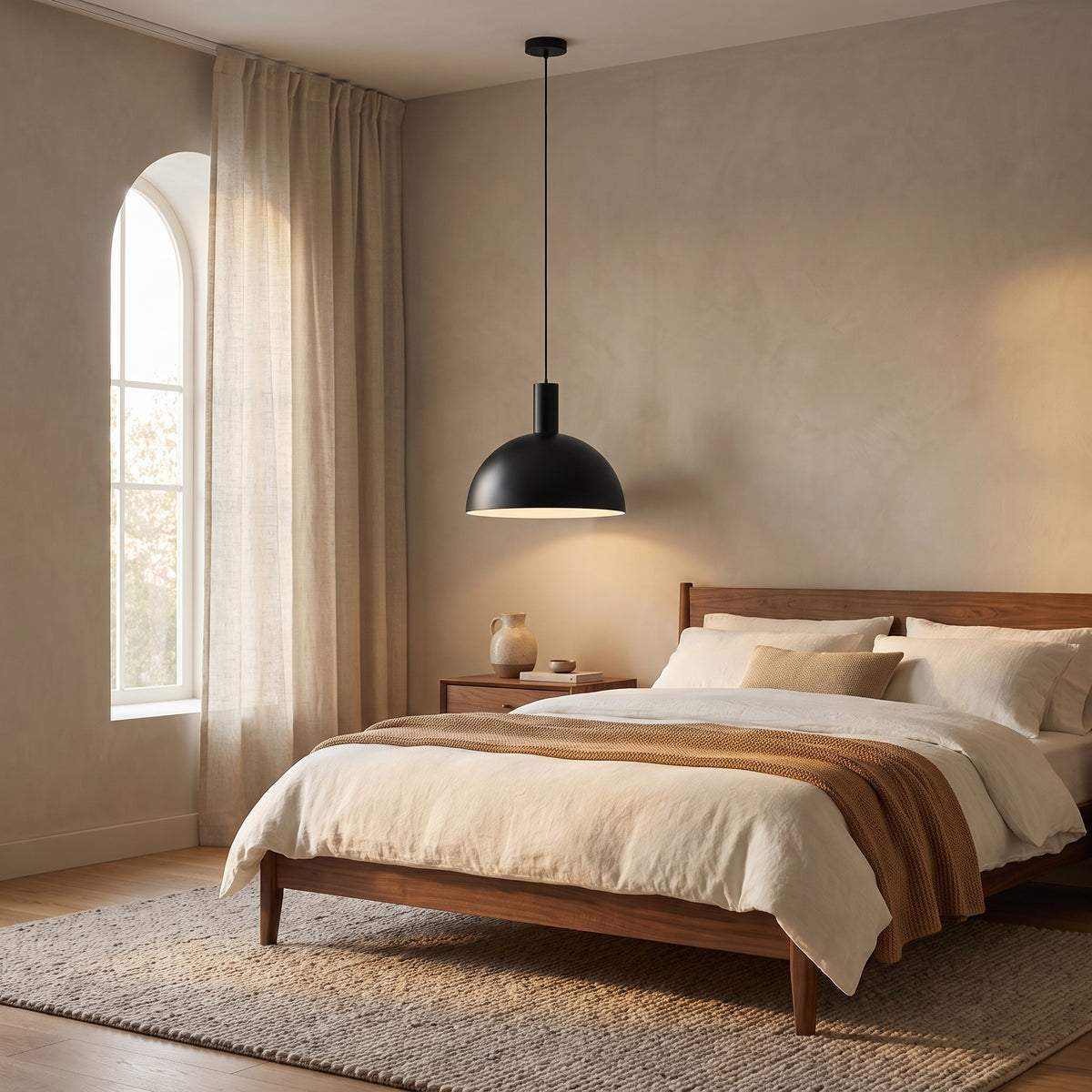 Isolde matte black dome pendant light as a bedside light