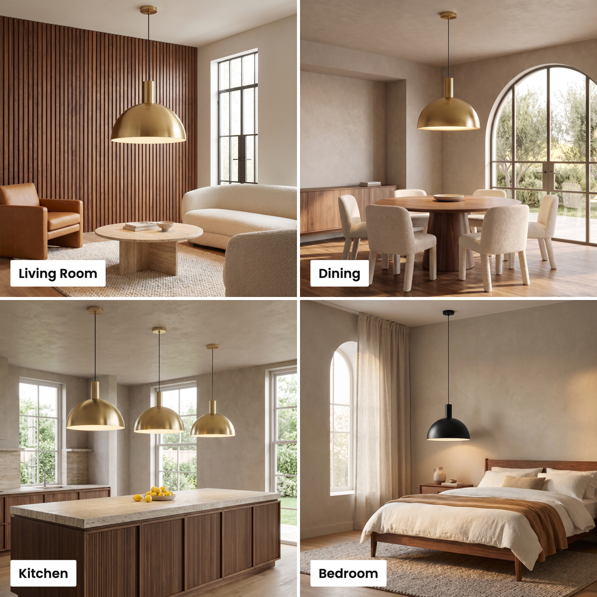 Isolde brass dome pendant light shown in living room, dining, kitchen and bedroom settings