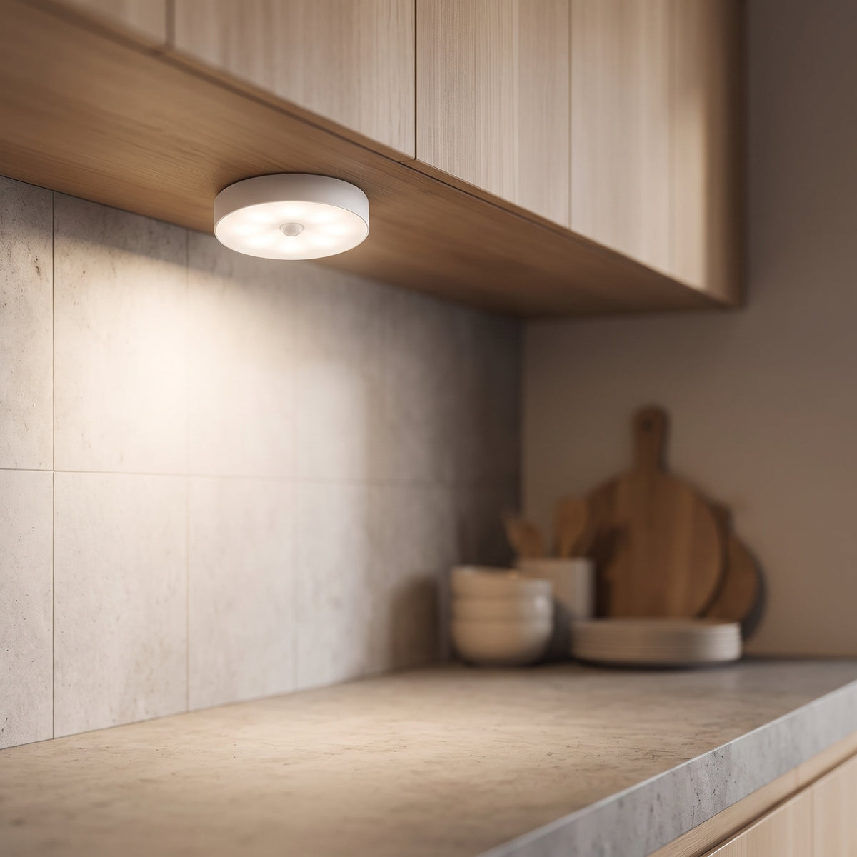 Kumo light mounted under kitchen cabinet, glowing warm white