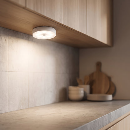 Kumo light mounted under kitchen cabinet, glowing warm white