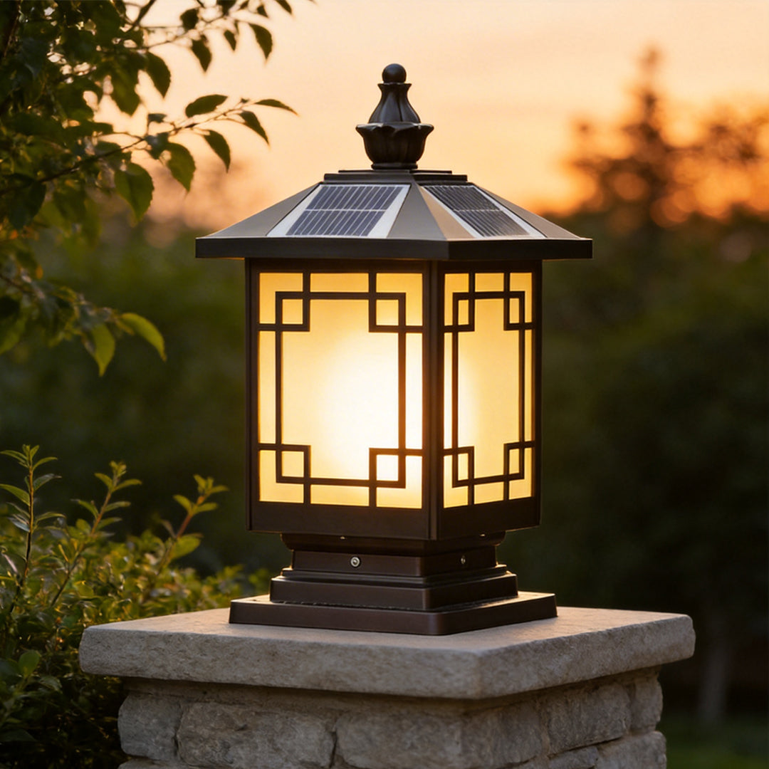 Aldwin Pillar Solar Light Lantern, Vintage Grid, Waterproof LED, Garden & Walkway Column