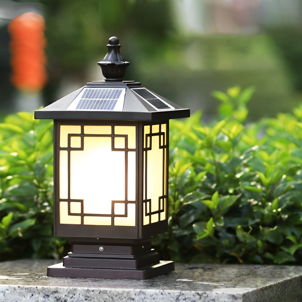 Aldwin Pillar Solar Light Lantern, Vintage Grid, Waterproof LED, Garden & Walkway Column
