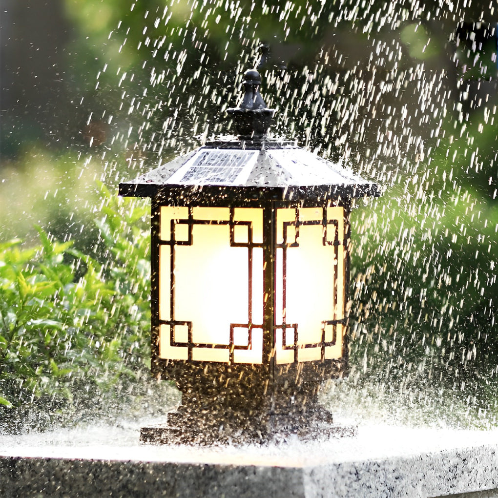 Aldwin Pillar Solar Light Lantern, Vintage Grid, Waterproof LED, Garden & Walkway Column