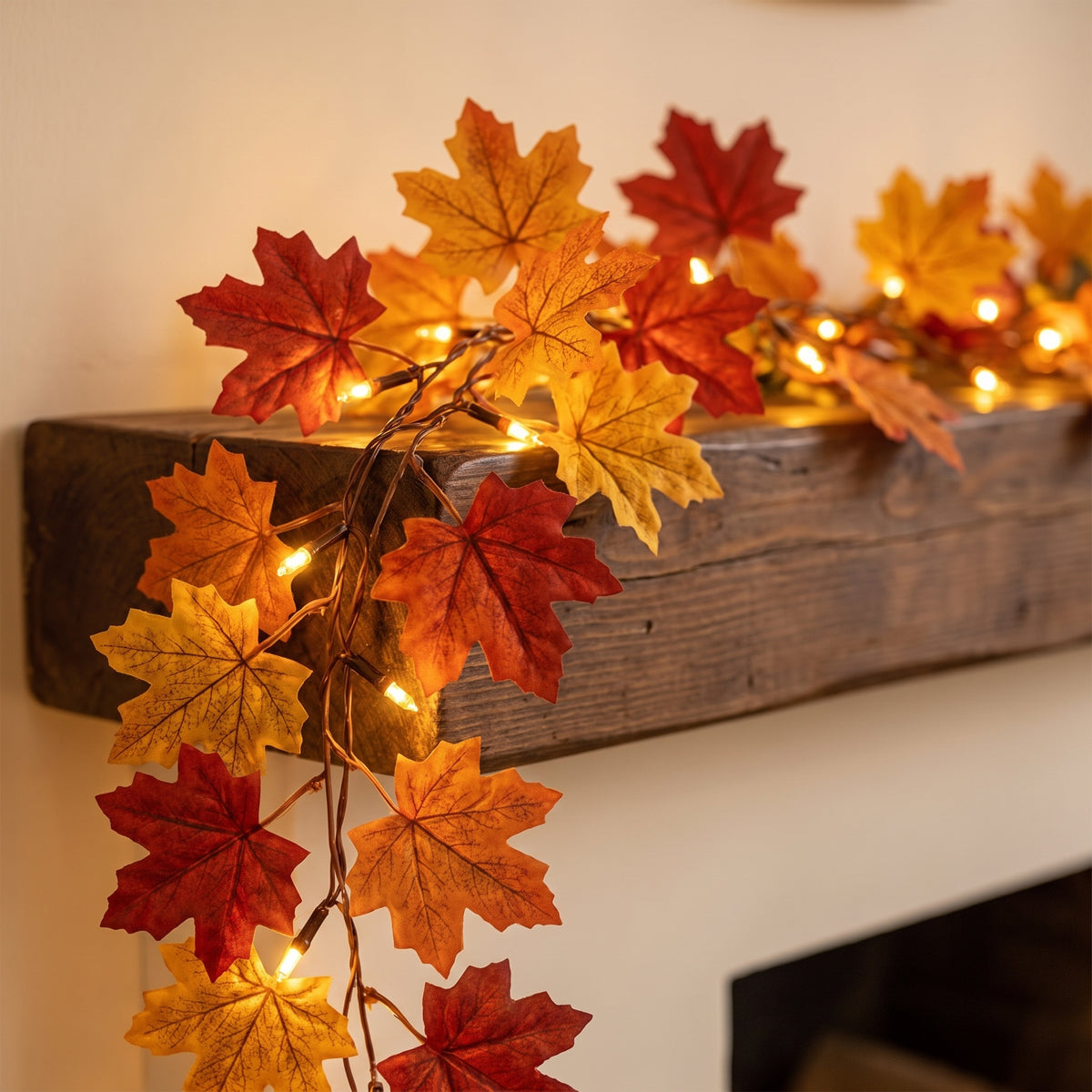 Fall Maple Leaf LED Garland close-up, LED lights glowing