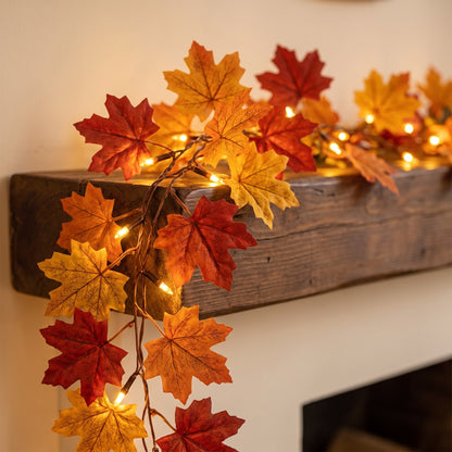 Fall Maple Leaf LED Garland close-up, LED lights glowing