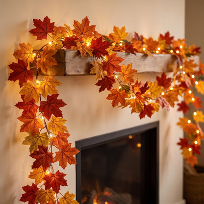 Fall Maple Leaf LED Garland on fireplace mantel, lights on