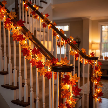 Fall Maple Leaf LED Garland on staircase railing, lights on