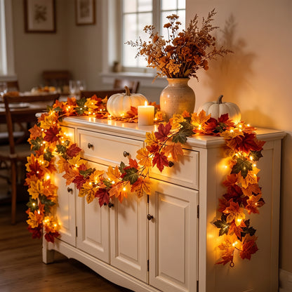 Fall Maple Leaf LED Garland on console table, lights on