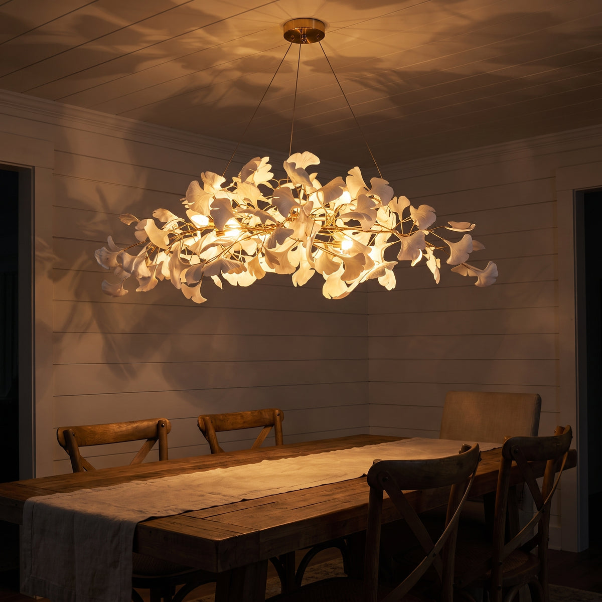 Sorin Modern Gold Chandelier, Ginkgo Leaf LED, Dimmable, White Leaves, Dining Room