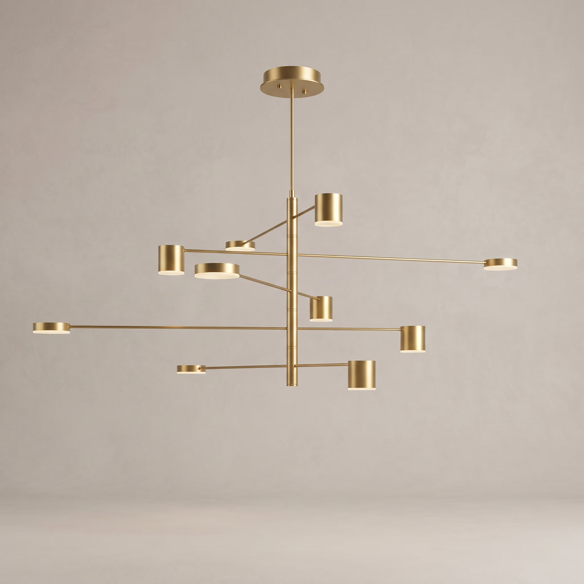 Lynx modern chandelier in metallic gold with 10 lights on a warm light grey studio background