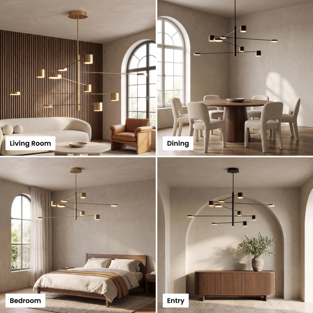 Lynx modern chandelier shown in living room, dining, bedroom and entry settings