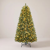 Pre-lit Christmas tree with warm white lights on, studio photo
