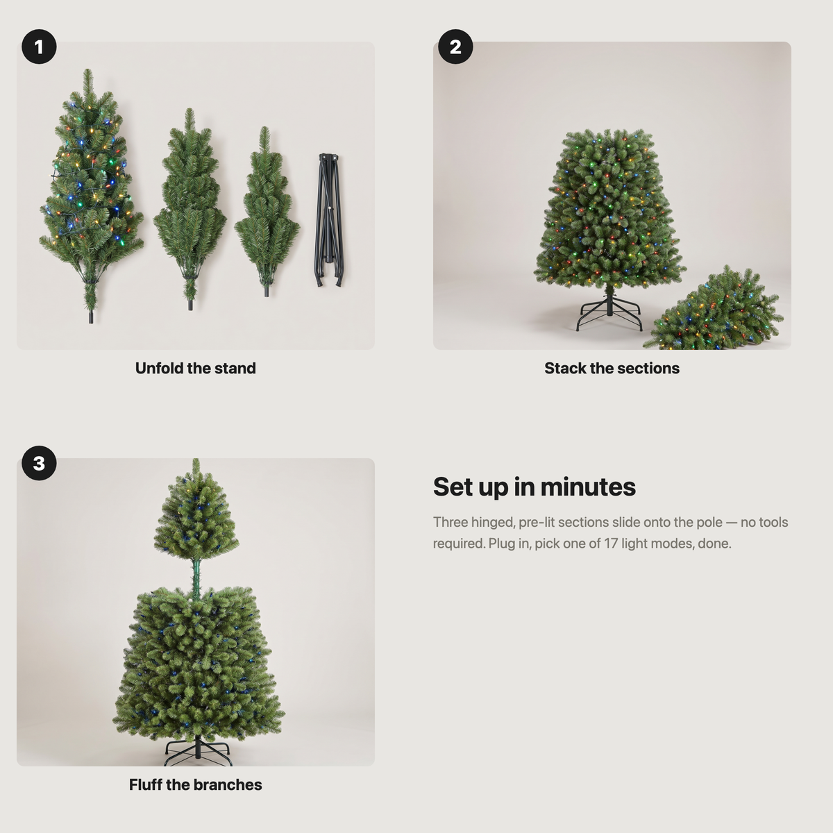 Assembly guide: unfold the stand, stack the sections, fluff the branches