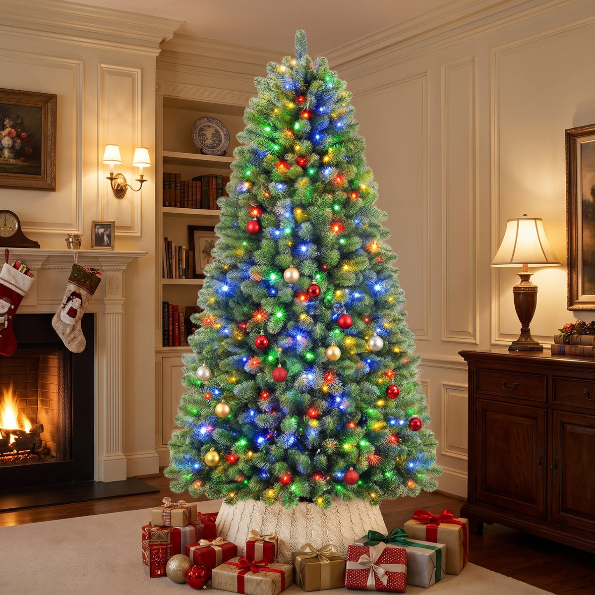 Pre-lit Christmas tree with multicolor lights richly decorated in a classic American living room