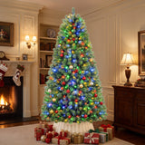Pre-lit Christmas tree with multicolor lights richly decorated in a classic American living room