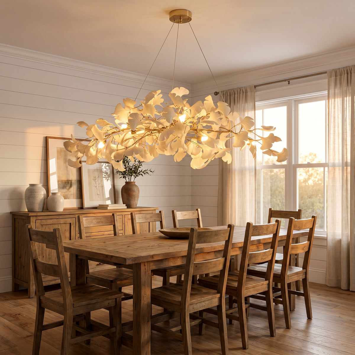 Sorin Modern Gold Chandelier, Ginkgo Leaf LED, Dimmable, White Leaves, Dining Room
