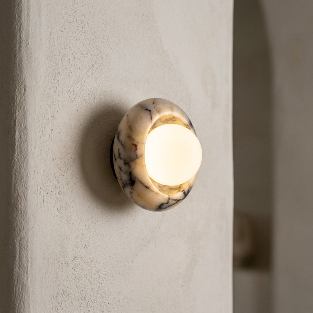 Alma Wall Sconces, Natural Marble Wall Light, Diffused Globe, Bedroom & Hallway Lighting