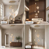 Marble cascading chandelier shown in stairwell, living room, entry and landing settings