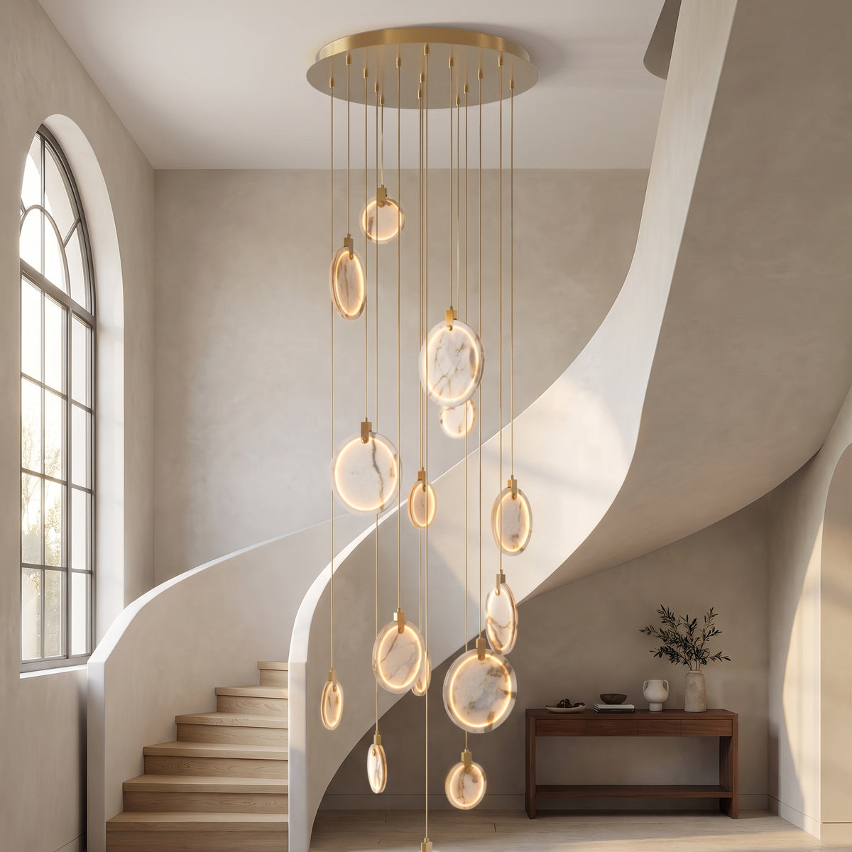 Marble cascading chandelier with amber agate discs in a double-height stairwell