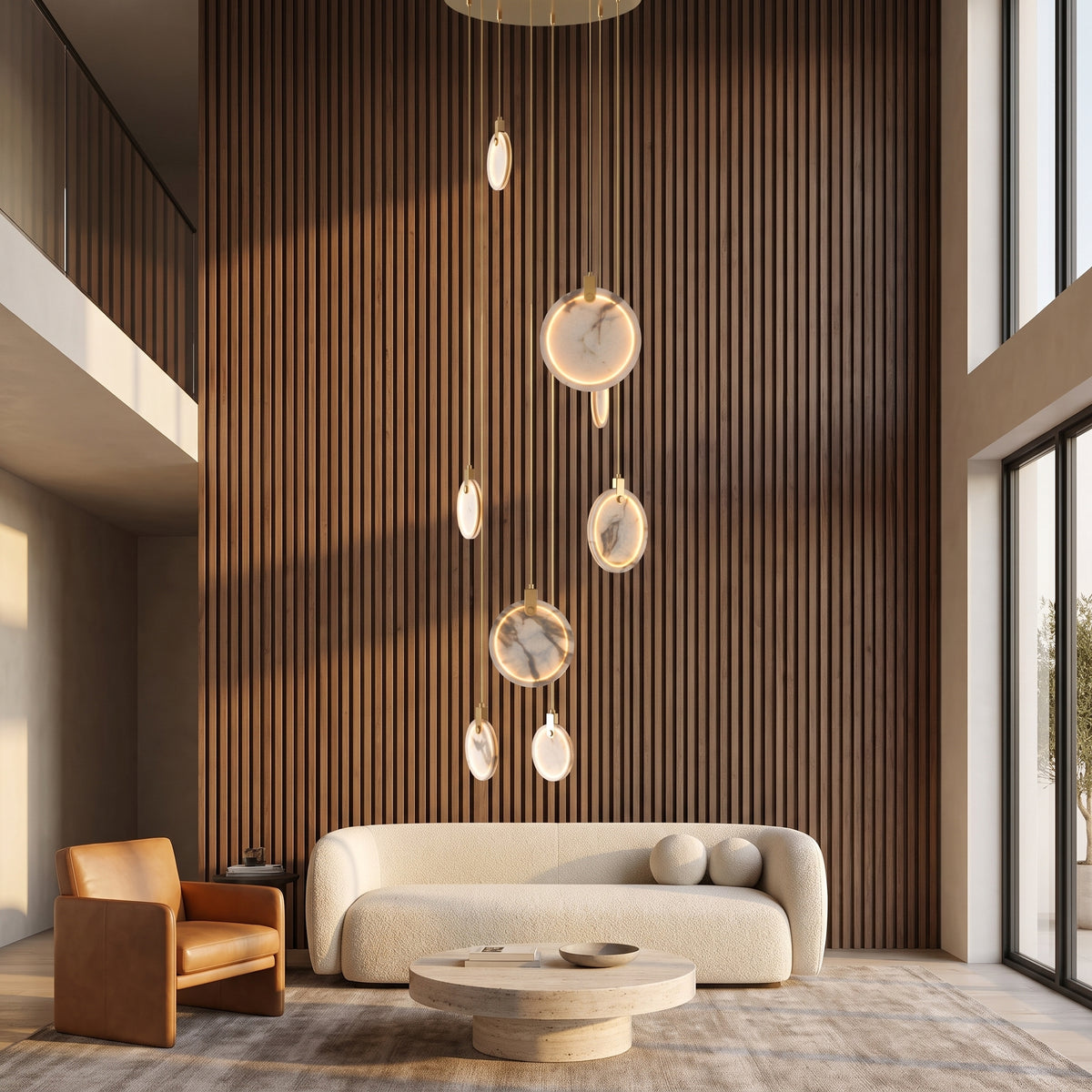 Marble cascading chandelier in a warm double-height living room