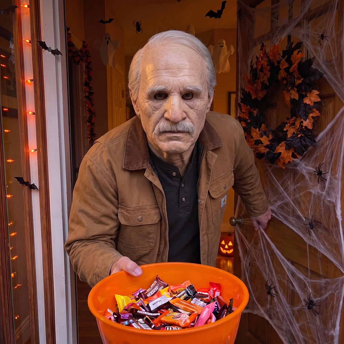 Graveyard Groundskeeper latex mask worn at a Halloween front door