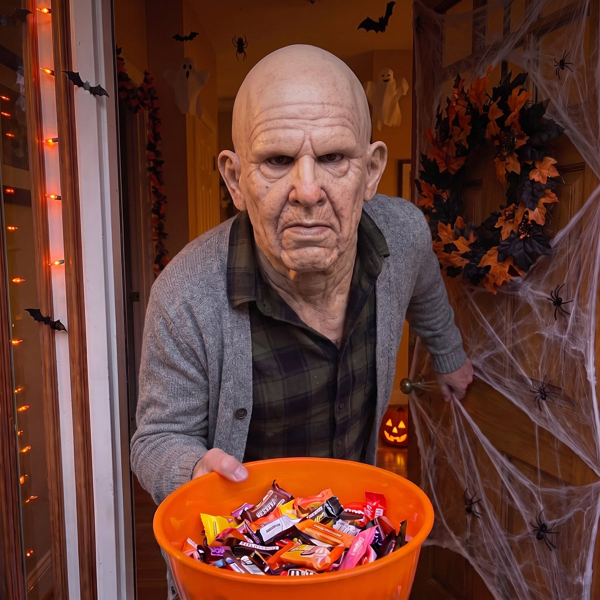 Wrinkled Grump latex mask worn at a Halloween front door
