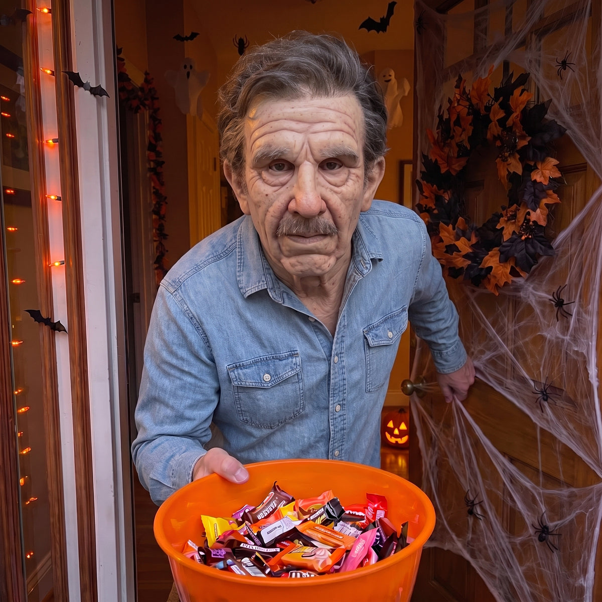 Grey Mustache Ghoul latex mask worn at a Halloween front door