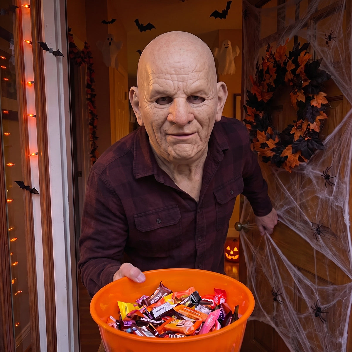 Side-Eye Ghoul latex mask worn at a Halloween front door