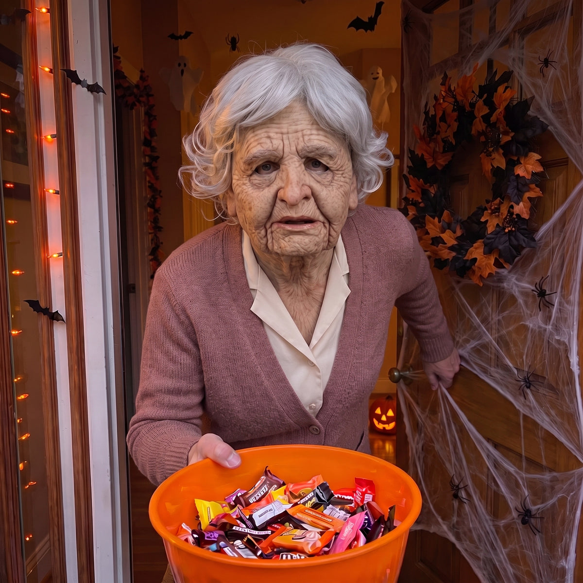Curly Grey Granny latex mask worn at a Halloween front door