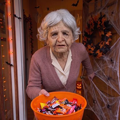 Curly Grey Granny latex mask worn at a Halloween front door