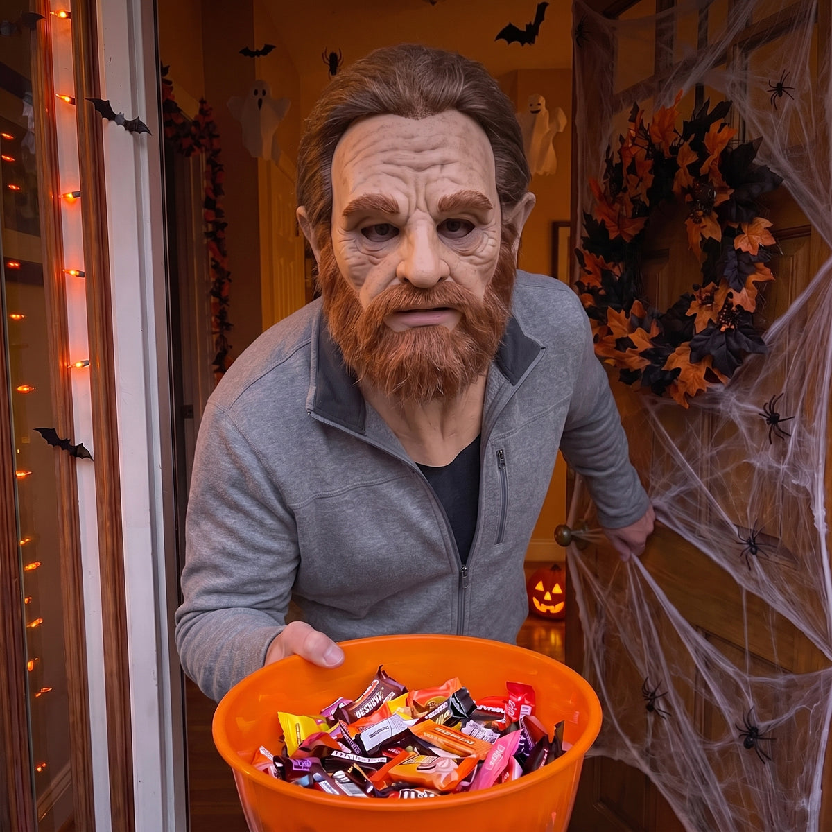 Realistic Bearded Man latex mask worn at a Halloween front door
