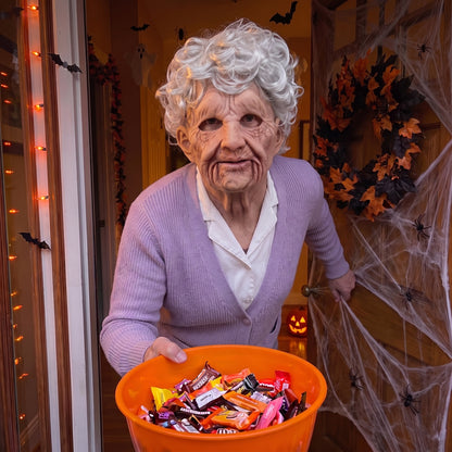 Curly White Granny latex mask worn at a Halloween front door