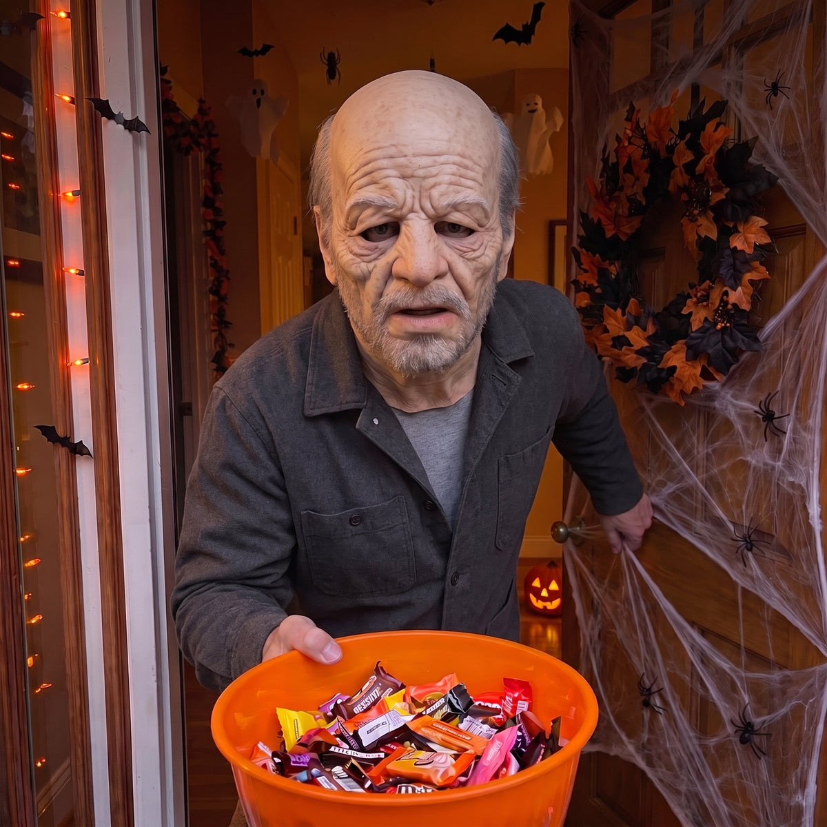 Stubble Grey Elder latex mask worn at a Halloween front door