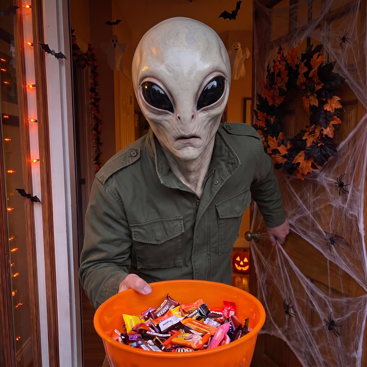 Classic Grey Alien latex mask worn at a Halloween front door