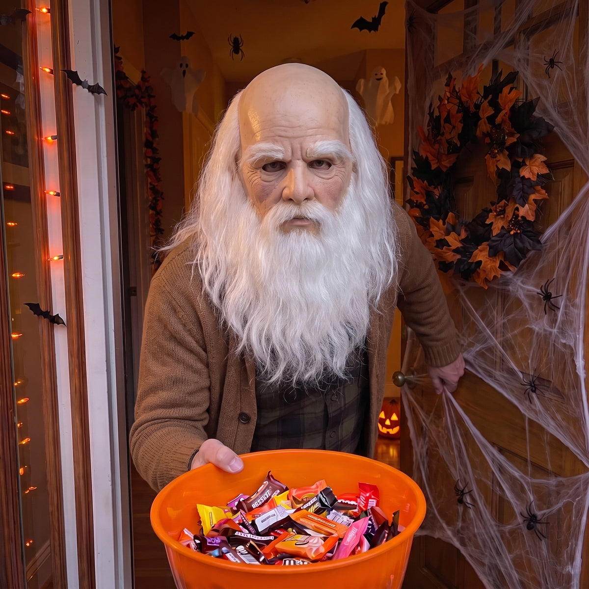 Long White Beard Elder latex mask worn at a Halloween front door