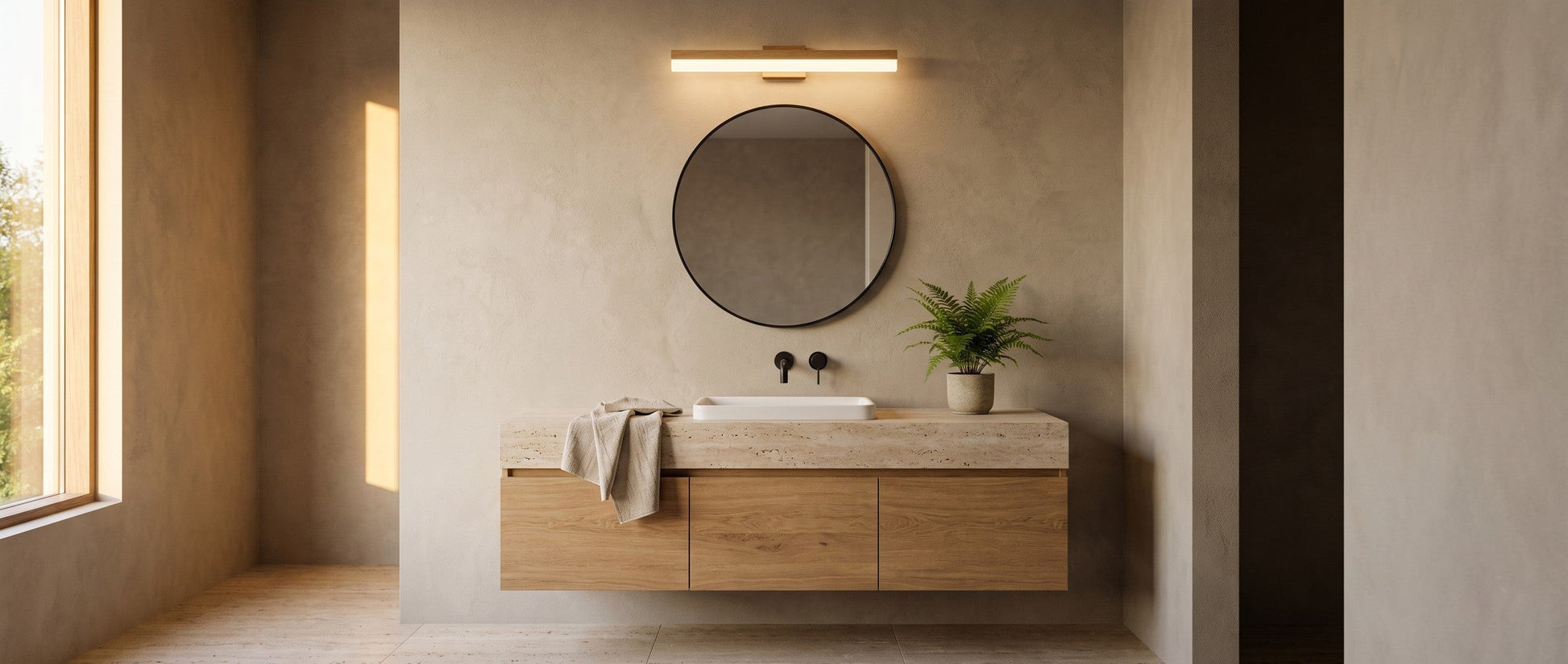 Fenwick Solid Oak LED Bathroom Vanity Light Bar, Warm/Bright White, Shadow-Free Glow