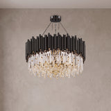Noctis black crystal drum chandelier on a warm light grey studio background