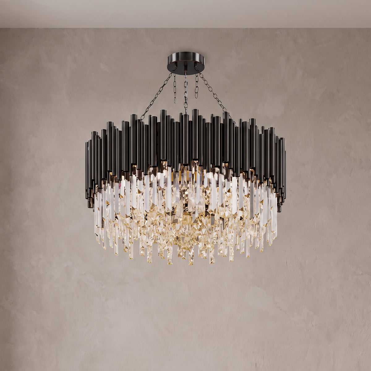 Noctis black crystal drum chandelier on a warm light grey studio background