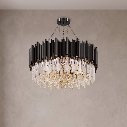 Noctis black crystal drum chandelier on a warm light grey studio background