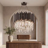 Noctis black crystal chandelier in an elegant entry hall