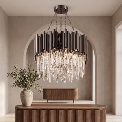 Noctis black crystal chandelier in an elegant entry hall