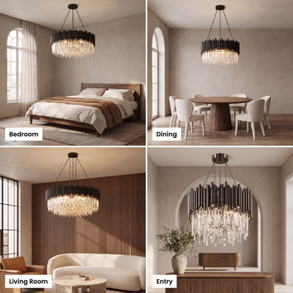 Noctis black crystal chandelier shown in bedroom, dining, living room and entry settings