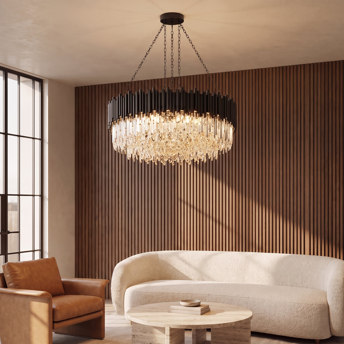 Noctis black crystal chandelier in a warm living room