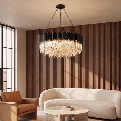Noctis black crystal chandelier in a warm living room