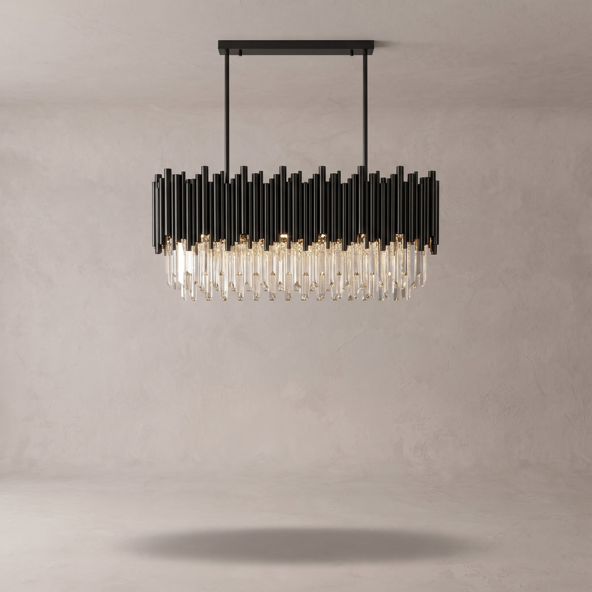 Noctis black crystal linear pendant on a warm light grey studio background