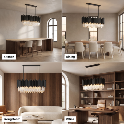 Noctis linear pendant shown in kitchen, dining, living room and office settings